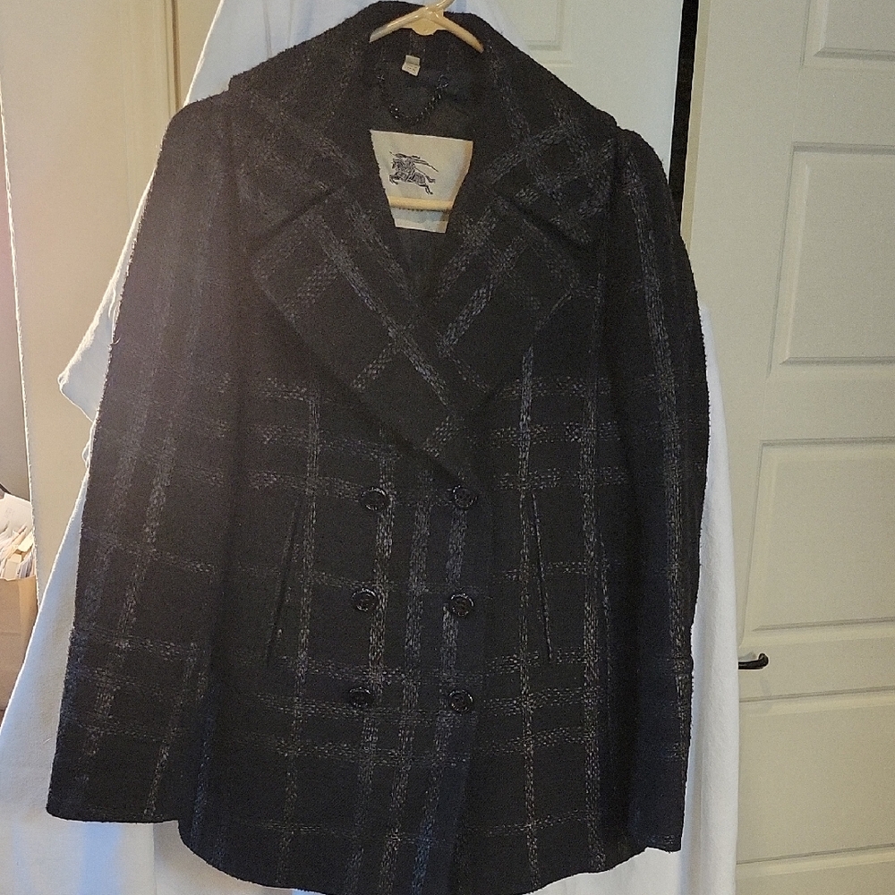 Burberry Black Plaid Wool Pea Coat